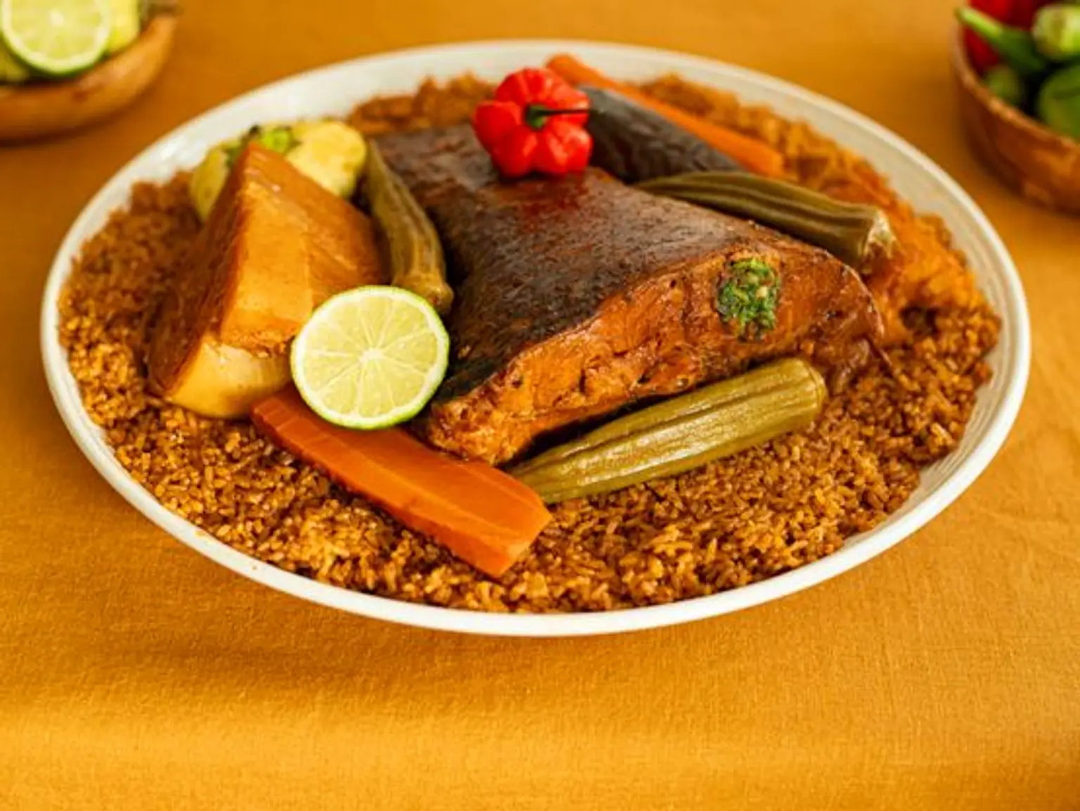 plat de thieboudieune sur nappe jaune vue en plongee sur angle gauche du plat