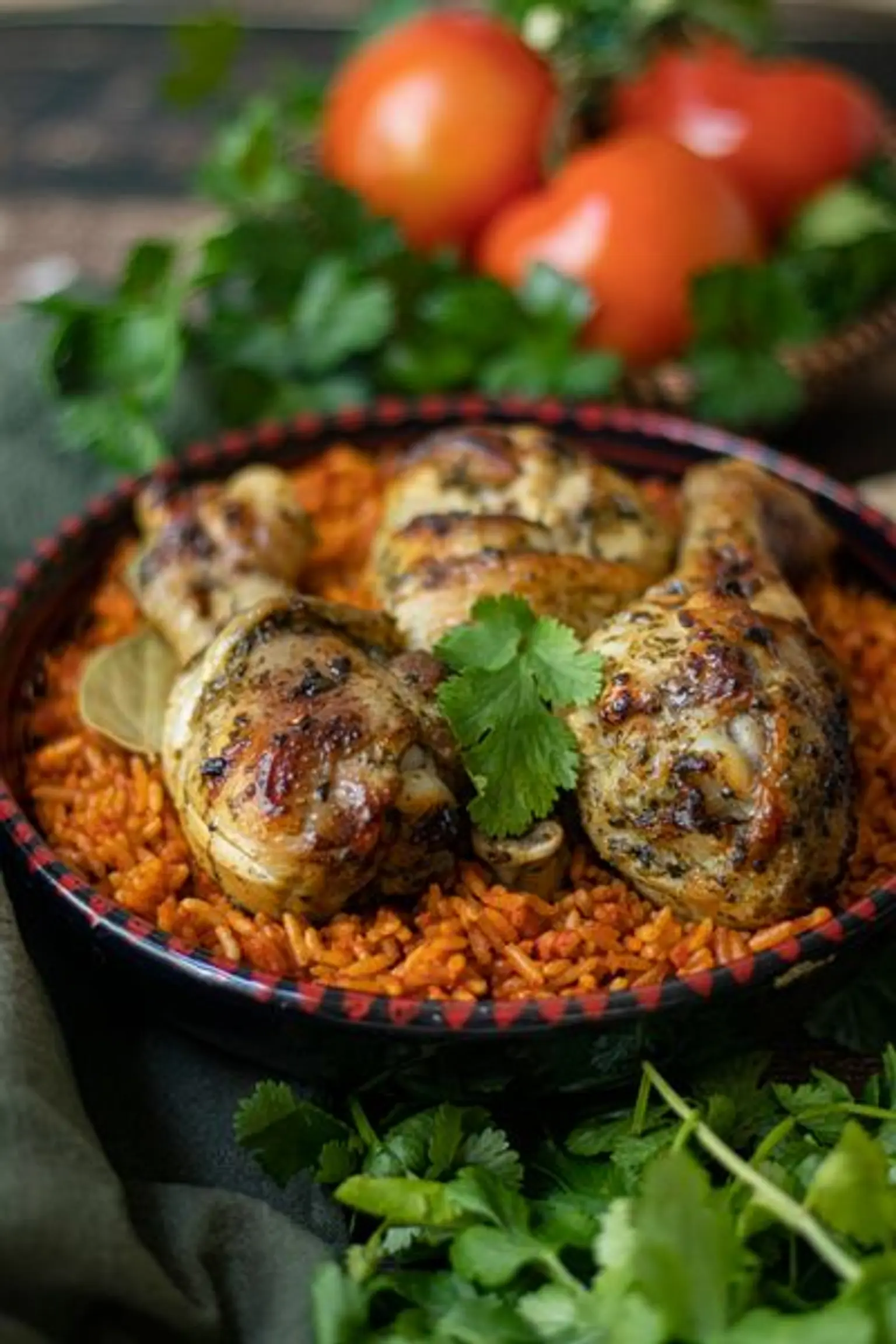 bol de riz jolof et pilons de poulet vu d en face portrait