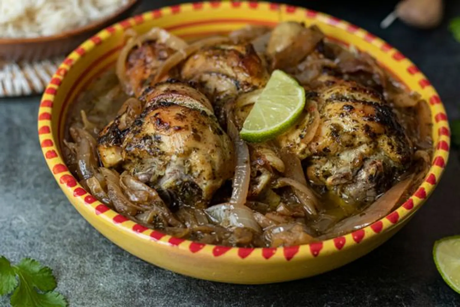 bol de yassa poulet vue en plongee rapprochee
