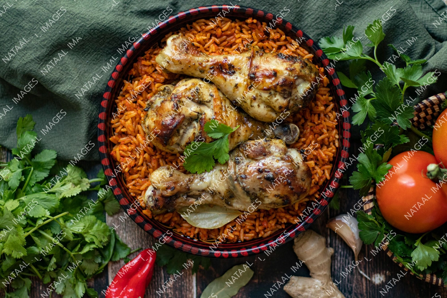 bol de riz jolof et pilons de poulet zoome vue d en haut