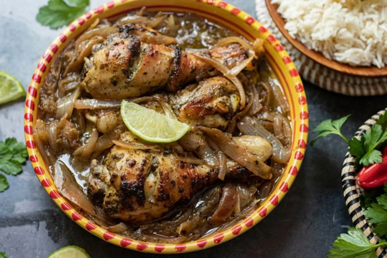 bol de yassa gros plan sur la sauce et les pilons de poulet